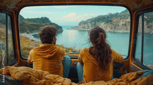 A couple travelling in a caravan and enjoying the view photo