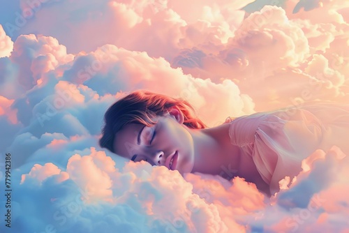 Serene woman peacefully sleeping on fluffy white cloud in dreamlike sky, surreal digital art photo