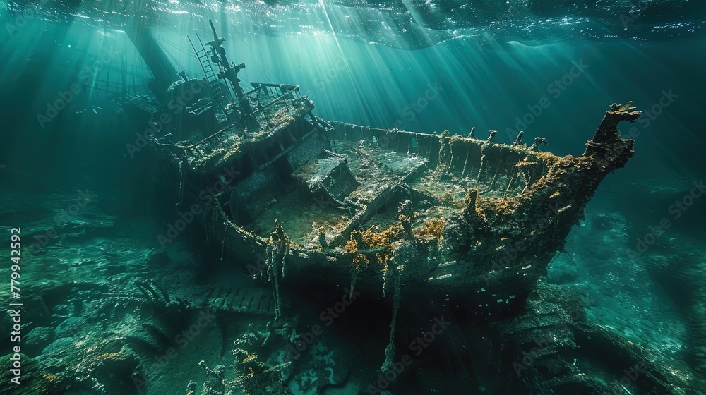 The wreckage of a medieval shipwreck underwa
