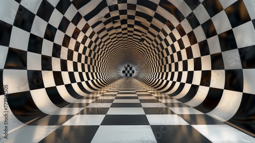 A tunnel with a checkered floor and black walls  AI
