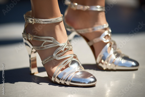 A close-up shot of a pair of silver metallic sandals with delicate ankle straps.