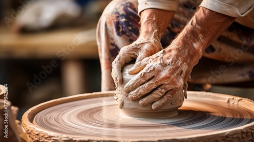 A potters wheel spins as wet clay is shaped by skilled hands photo
