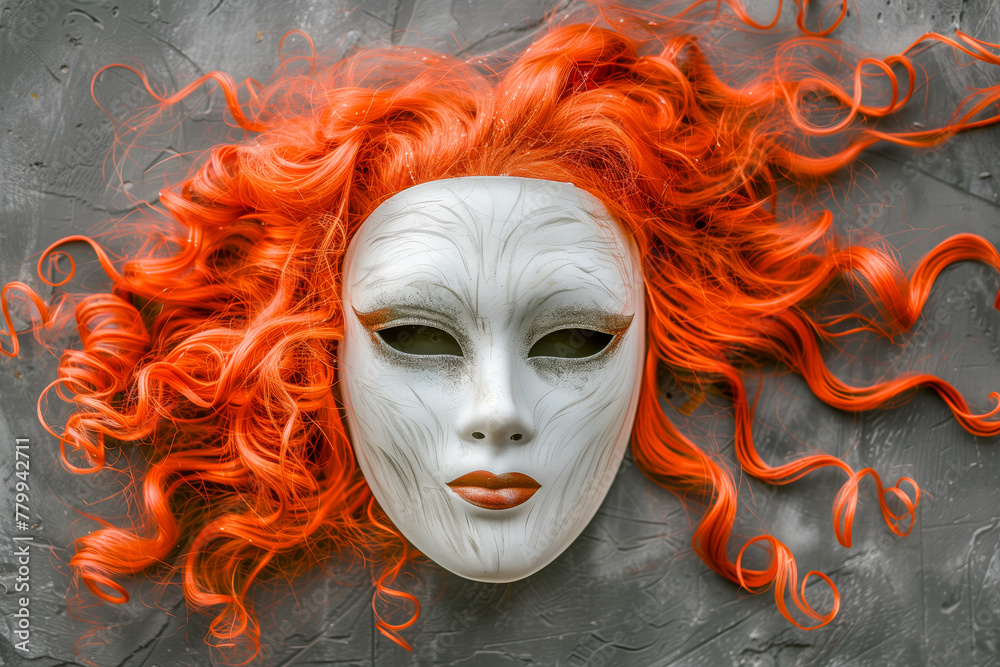 Beautiful Venetian carnival mask with red hair, close up Beautiful Venetian carnival mask with red hair, close up