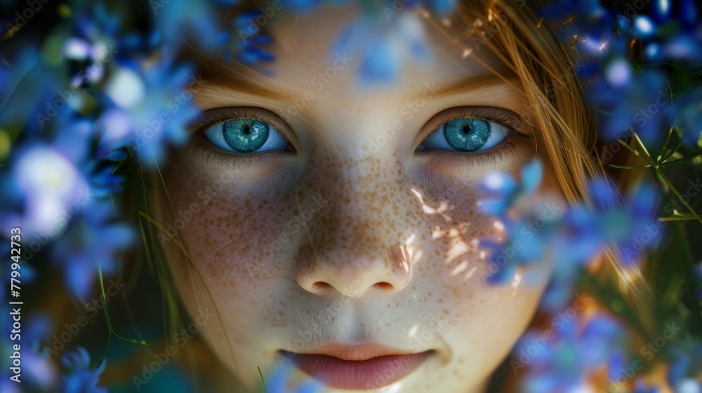 A close up of a girl with blue eyes and freckles, AI A close up of a girl with blue eyes and freckles, AI