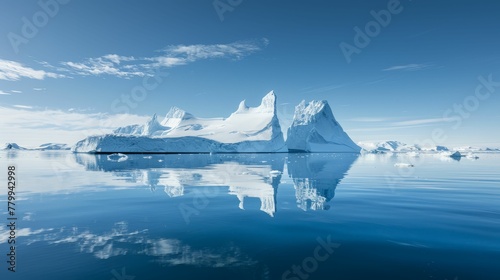 icebergs reflecting in calm sea water under blue sky in daylight