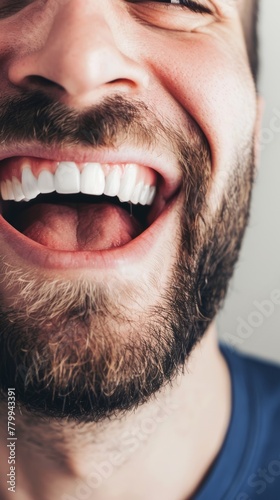 close-up of a withe man's mouth showing his white teeth 