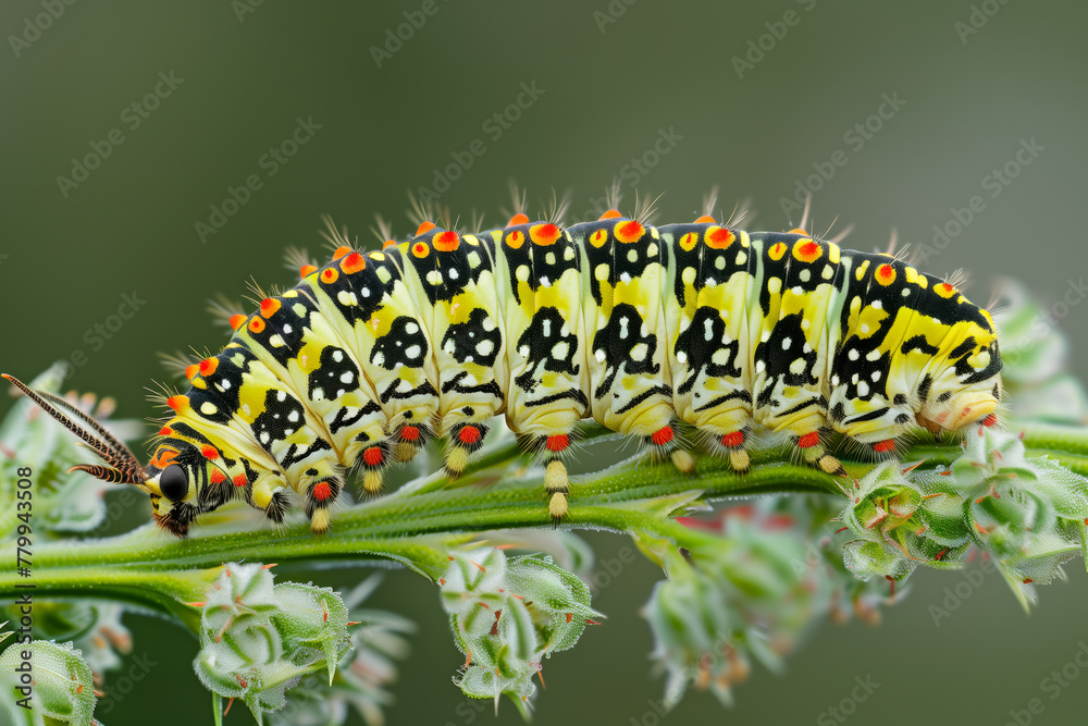Butterfly caterpillar Papilio machaon on a forest plant on a summer day Butterfly caterpillar Papilio machaon on a forest plant on a summer day