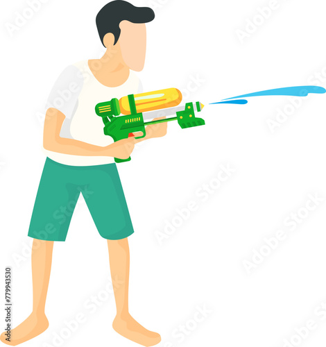 Man cartoon playing with water gun, Thailand Songkran festival concept, no background, vector design 
