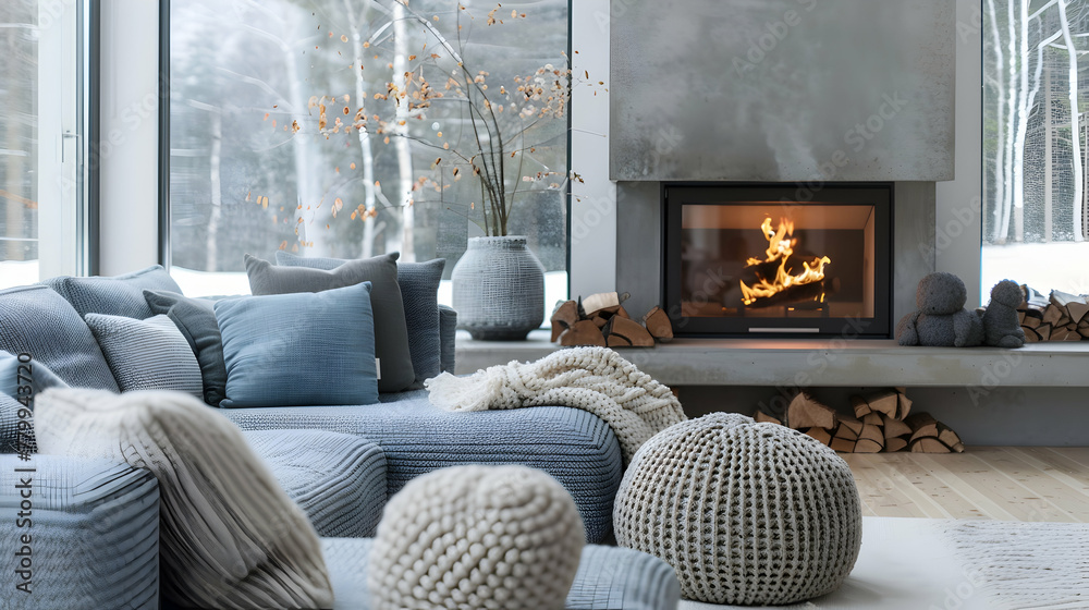Grey sofa with blue pillows next to the fireplace and beige knit pouffes in between. a warm and inviting winter setting. Scandinavian interior design for a contemporary living room - obrazy, fototapety, plakaty 