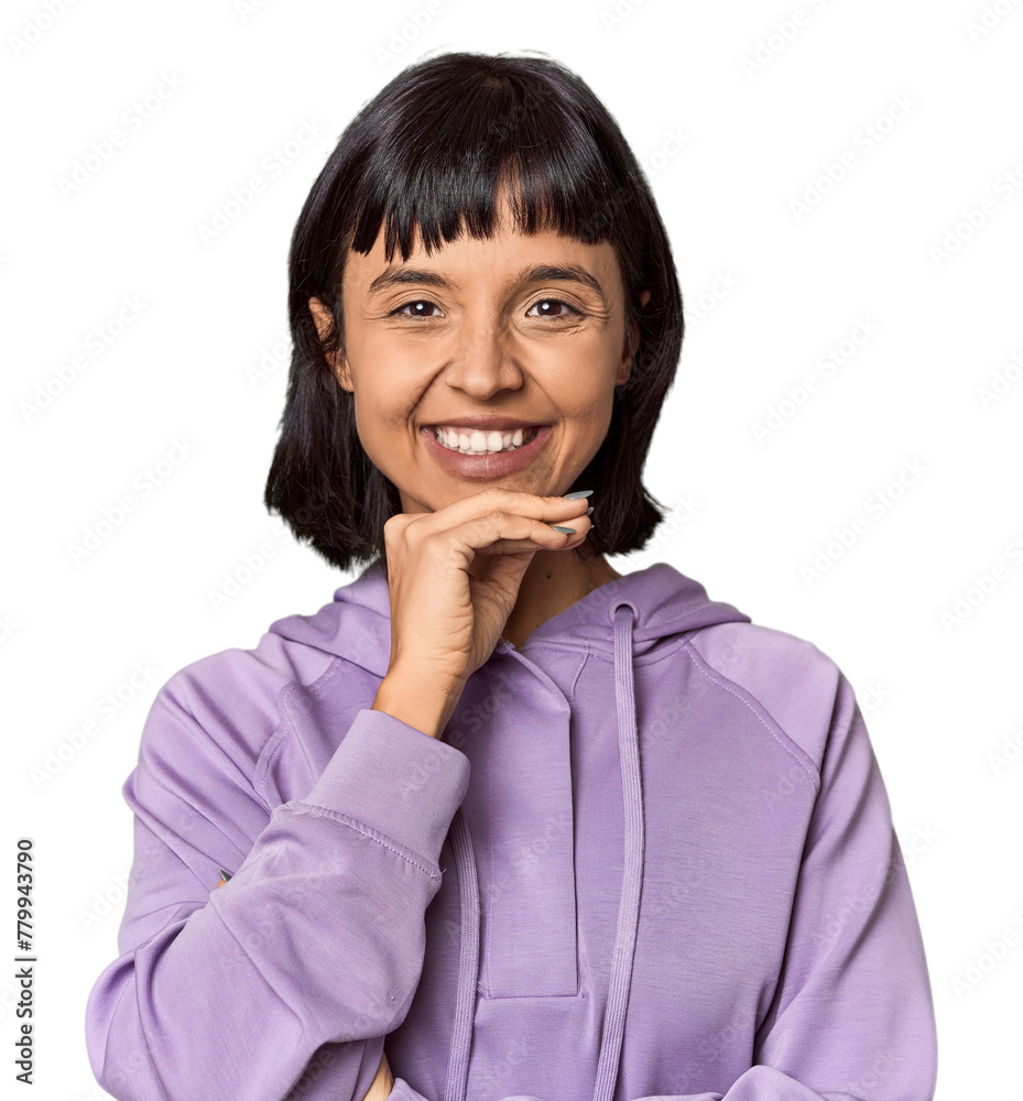 Young Hispanic woman with short black hair in studio smiling happy and confident, touching chin with hand. Young Hispanic woman with short black hair in studio smiling happy and confident, touching chin with hand.
