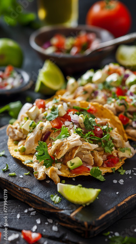 Fresh Chicken Tacos on Dark Slate Background with Lime and Cilantro
