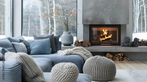 Grey sofa with blue pillows next to the fireplace and beige knit pouffes in between. a warm and inviting winter setting. Scandinavian interior design for a contemporary living room photo