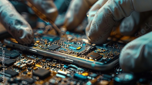 Detailed close-up of a technician's hands meticulously repairing a smartphone, showcasing precis photo