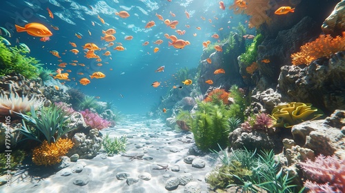 An underwater paradise unfolds as coral reefs sway gently in the ocean currents, home to a divers