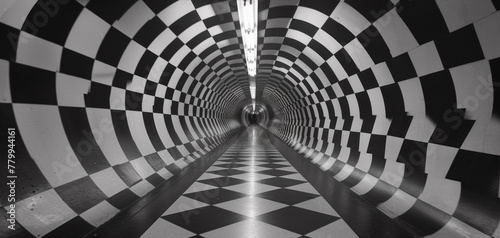 A black and white photo of a tunnel with checkered floor  AI