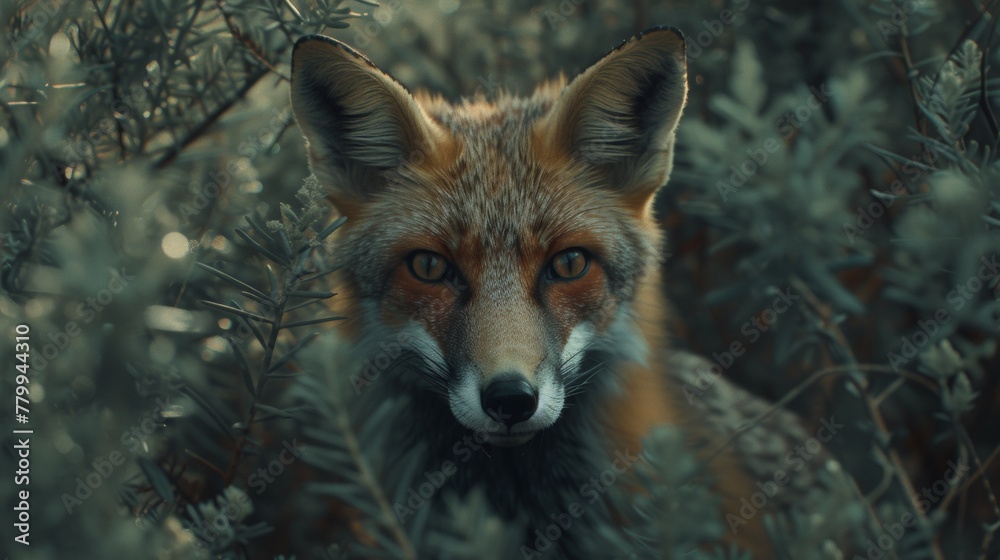 Obraz premium A close up of a fox in the woods with leaves, AI
