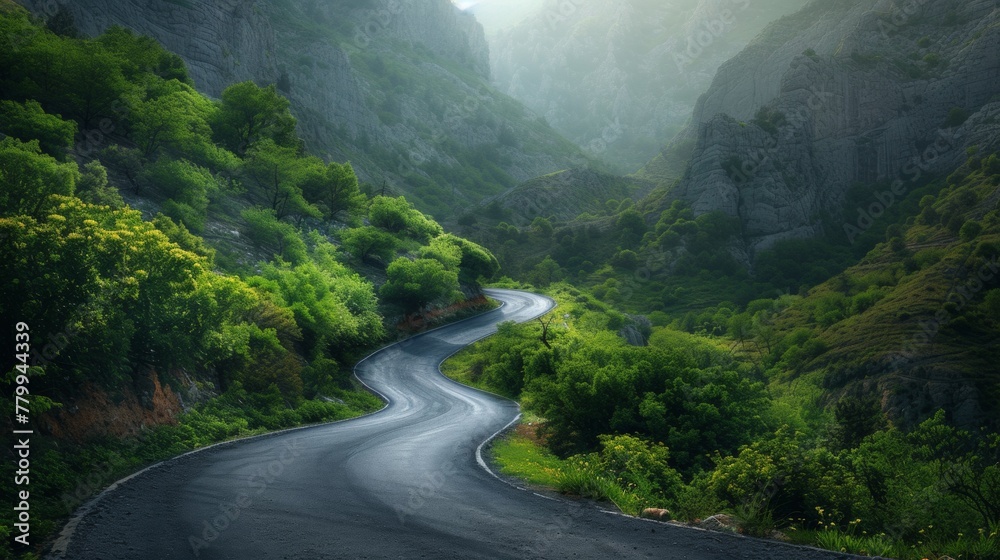 Fototapeta premium A winding road in the mountains with a green forest on either side, AI