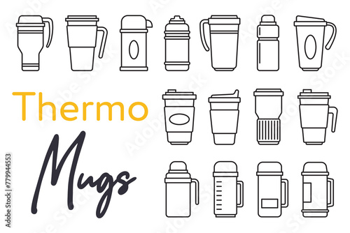 Modern vacuum insulated water bottle icons set. Outline set of modern vacuum insulated water bottle vector icons
