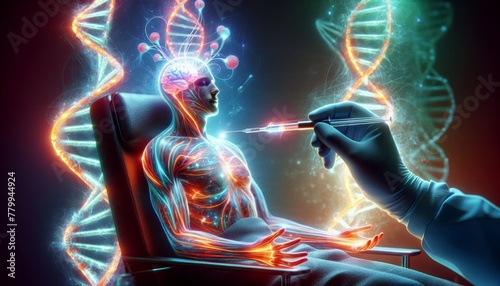 A patient undergoing gene editing therapy, strands of DNA being modified