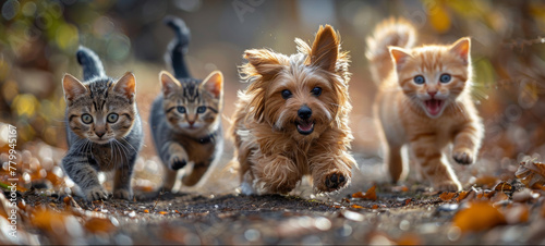 Cute funny dog and cat group jumps and running and happily a park blurred background 