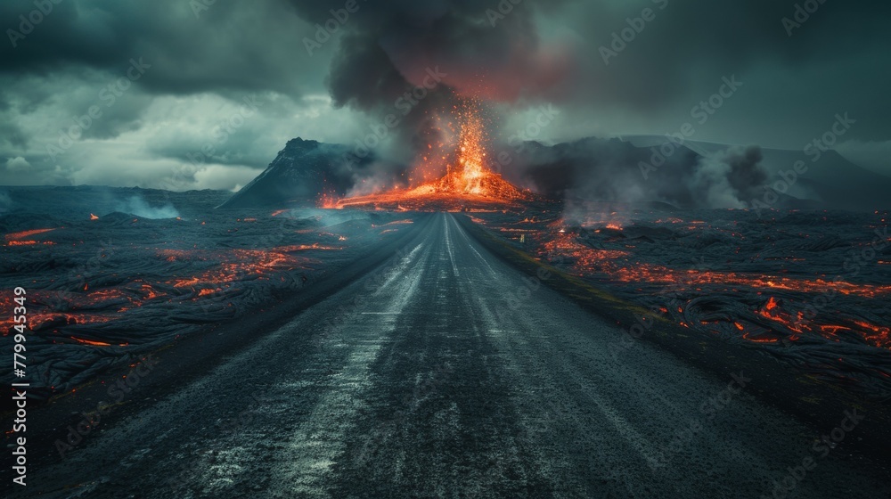 A road leading to a volcano with lava spewing out of it, AI