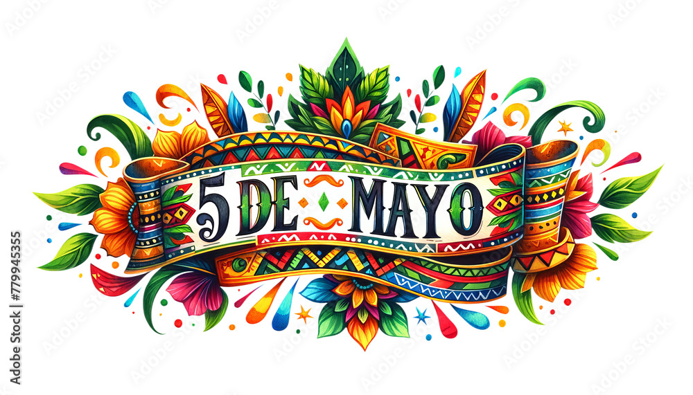 Cinco de Mayo hoilday lettering on festive ribbon, isolated on transparent white background. 5 de Mayo or the fifth of May. Celebration Mexican victory at 1862 May, 5th and history heiretage - obrazy, fototapety, plakaty 
