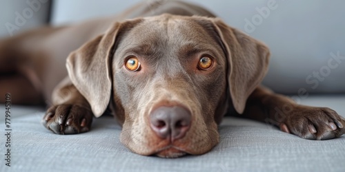 Cute playful doggy or pet is playing and looking happy. Brown weimaraner young dog is posing. 
