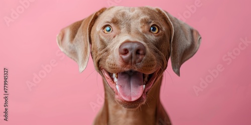 Cute playful doggy or pet is playing and looking happy isolated on transparent background. Brown weimaraner young dog is posing. 