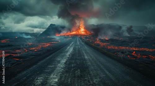 A road leading to a volcano with lava spewing out of it, AI photo