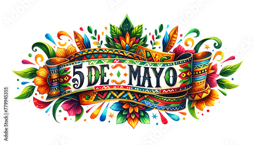 Cinco de Mayo hoilday lettering on festive ribbon, isolated on transparent white background. 5 de Mayo or the fifth of May. Celebration Mexican victory at 1862 May, 5th and history heiretage photo