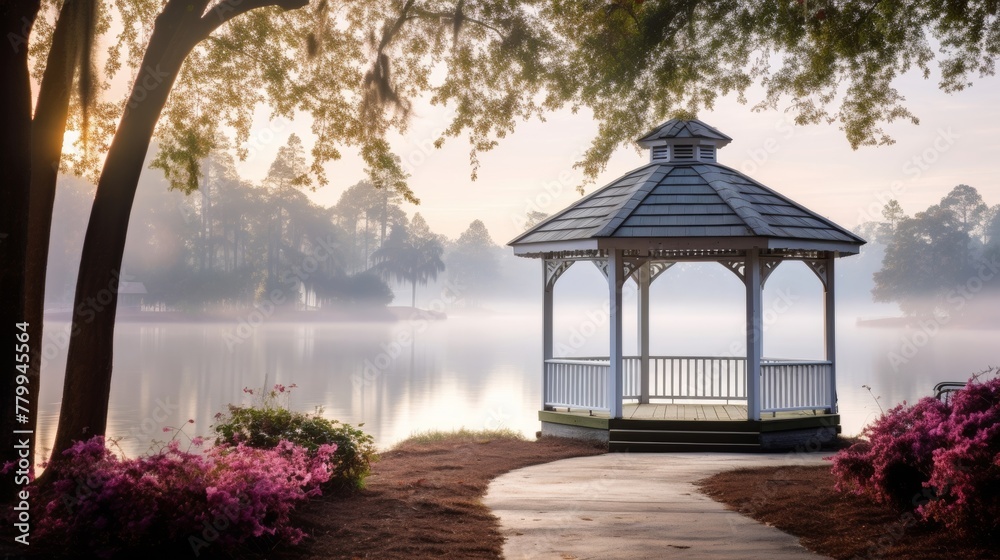 A rustic gazebo on the shore of a peaceful lake with a beautiful view