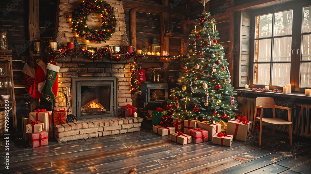 a christmas tree with presents in a room with a fireplace