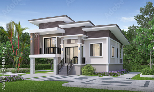 3D house exterior day light with lawn grass.3d rendering