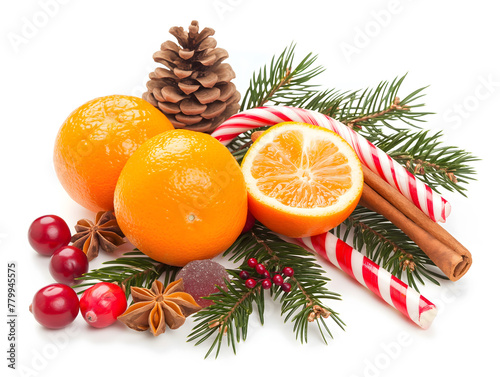 Festive Composition with Oranges, Candy Canes, and Christmas Decorations