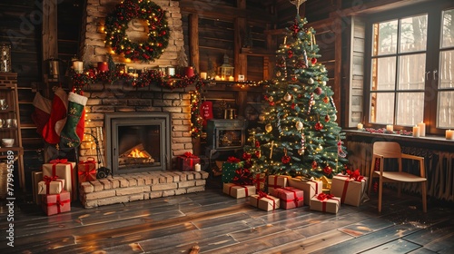 a christmas tree with presents in a room with a fireplace