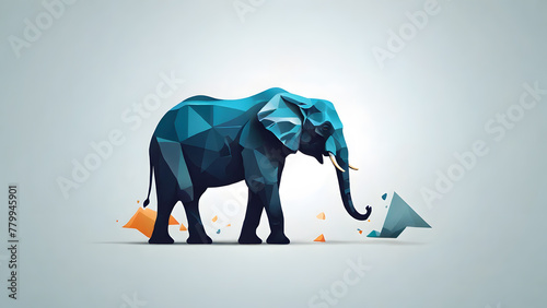 A tusker elephant in a unique polygon style. The elephant stands majestically against a soothing light blue backdrop, minimalist and copy space.