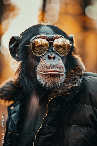 Chimpanzee monkey wearing sunglasses and fashionable outfit © Denis