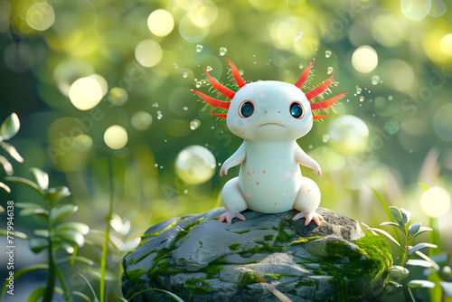 A cute axolotl poses on a stone