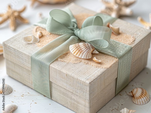 A seaside escape gift box with sandy textures and seashell decorations