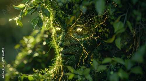 macro view of a glowing woodland spirit with eyes that glow mysteriously and deeply amid the foliage, and leafy appendages highlighted in veins of light. © Ahasanara