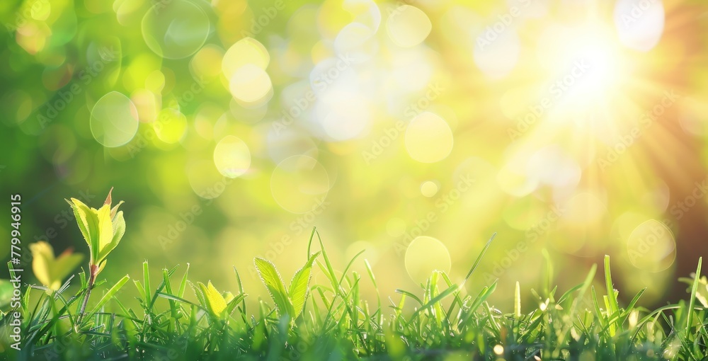 Fototapeta premium Sunny Serenity: Dew-Kissed Green Bliss in the Light of Spring - Generative AI