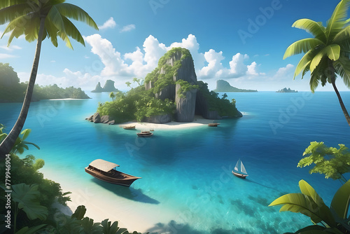 A beautiful summer landscape showcases a tropical island design with a boat-in-the-ocean design.