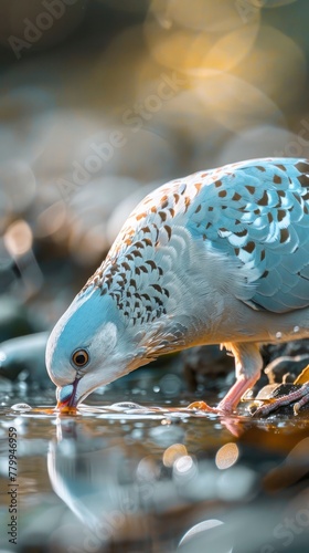 The pale blue dove with white and brown spots is drinking water from the river