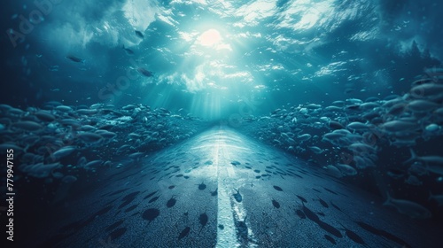 A fantasy underwater road with a lot of fish swimming in the water  AI
