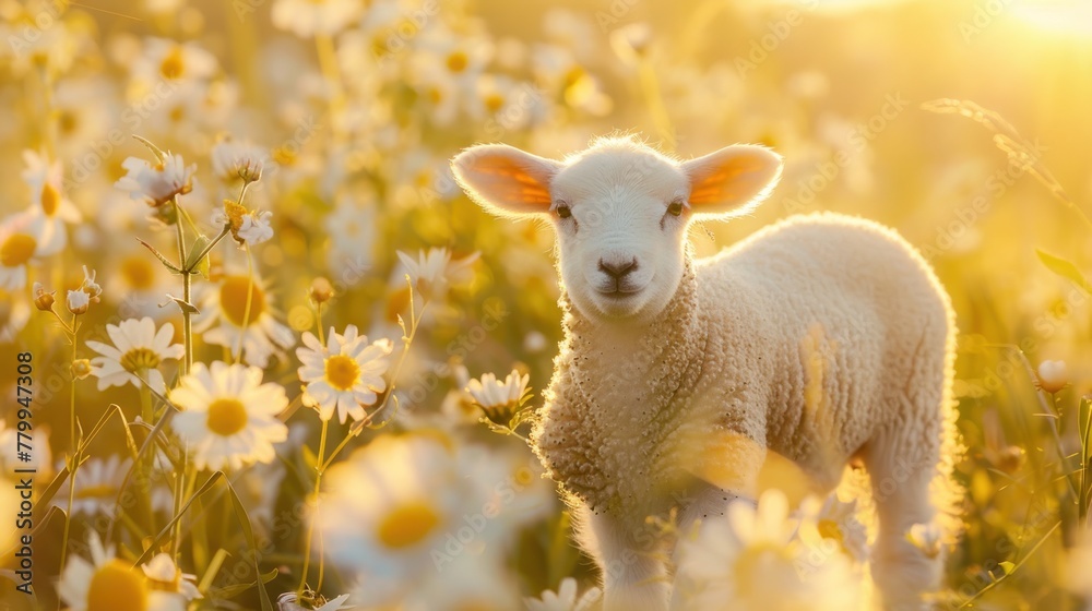 Sunset Serenade: A Lamb Amidst Spring Daisies in Golden Splendor - Generative AI Sunset Serenade: A Lamb Amidst Spring Daisies in Golden Splendor - Generative AI