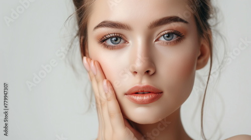 Captivating young woman with perfect skin, her hands gently framing her face, gazes with striking blue eyes, embodying grace and natural beauty