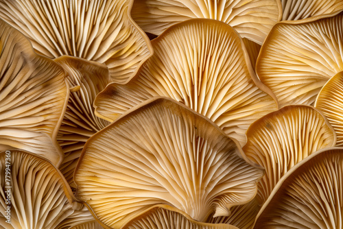 Underside of oyster mushrooms (Pleurotus ostreatus) showing gills photo