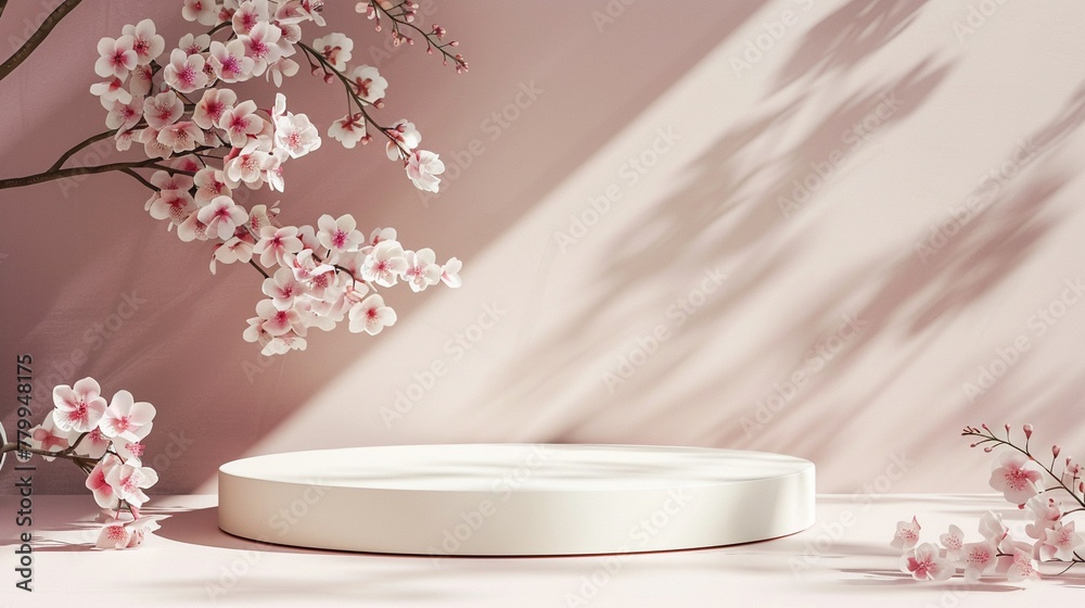 Minimal design 3D podium, spring floral display, pink flowers and white blossoms, nature shadow Minimal design 3D podium, spring floral display, pink flowers and white blossoms, nature shadow