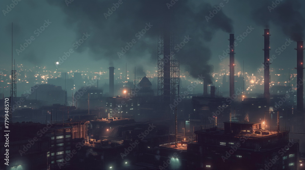Smokestacks release emissions over a bustling industrial area as twilight falls