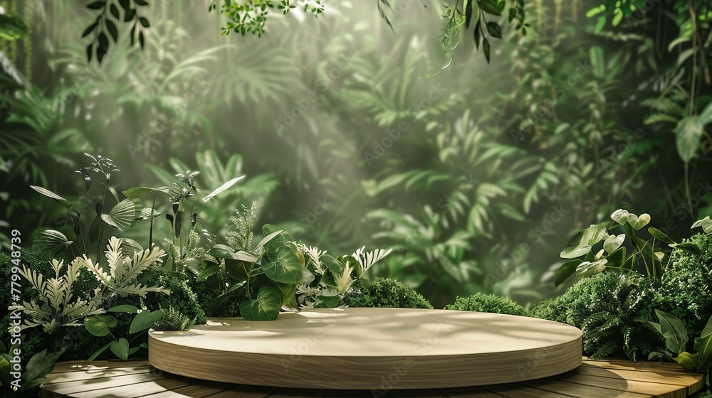 Naturethemed cosmetic podium, white plant amidst green forest, wood jungle beauty platform Naturethemed cosmetic podium, white plant amidst green forest, wood jungle beauty platform
